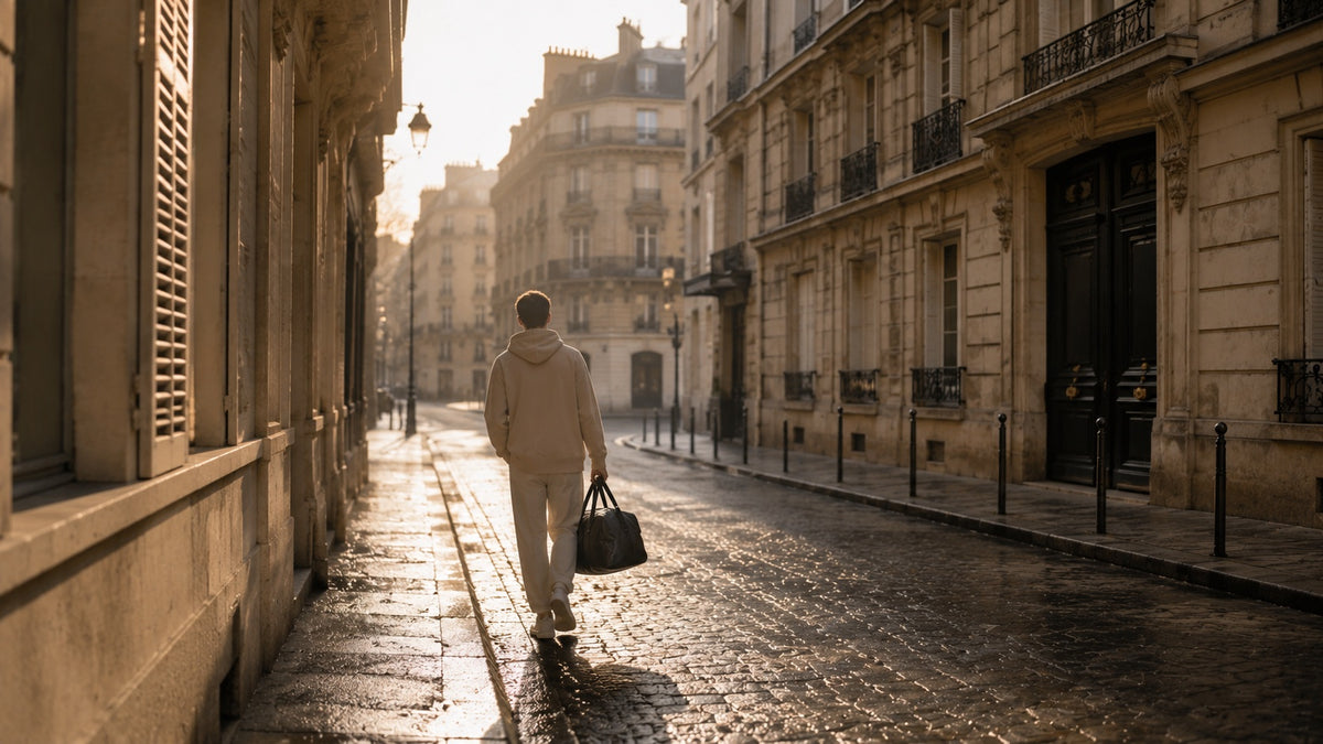 Rue parisienne au petit matin, silhouette avec sac Wise