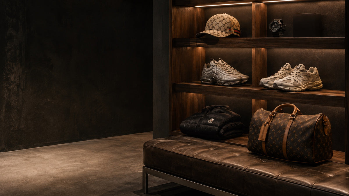 Vitrine Wise de nuit avec pieces Nike, New Balance, Gucci, Louis Vuitton, Moncler et G-Shock